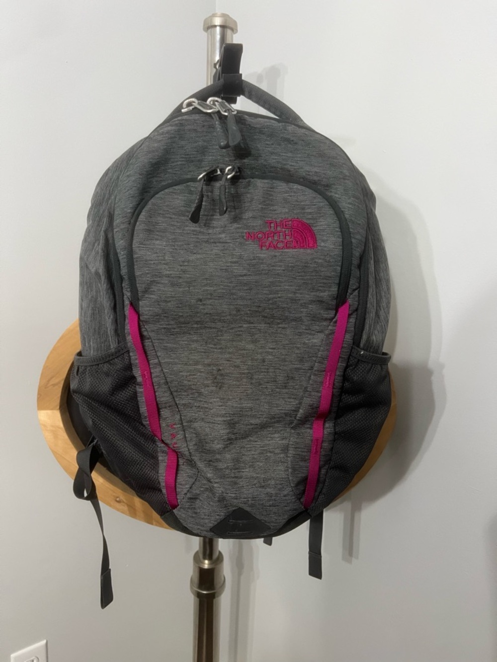 The North Face Vault Grey Backpack with Hot Pink Accents